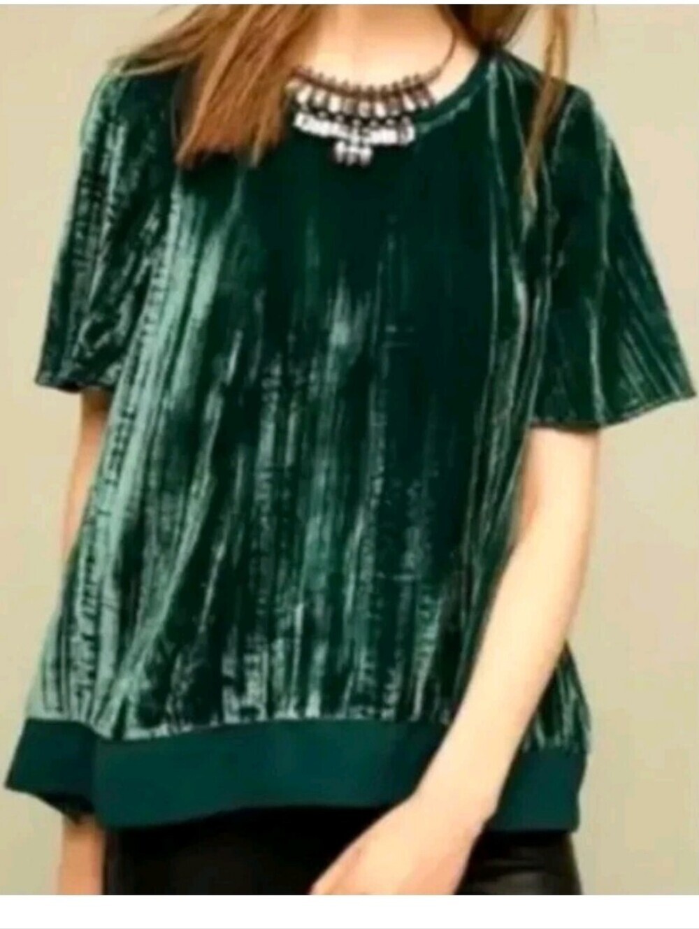 Anthropologie Maeve Emerald Green Crushed Velvet Swing Top Chiffon Trim Small